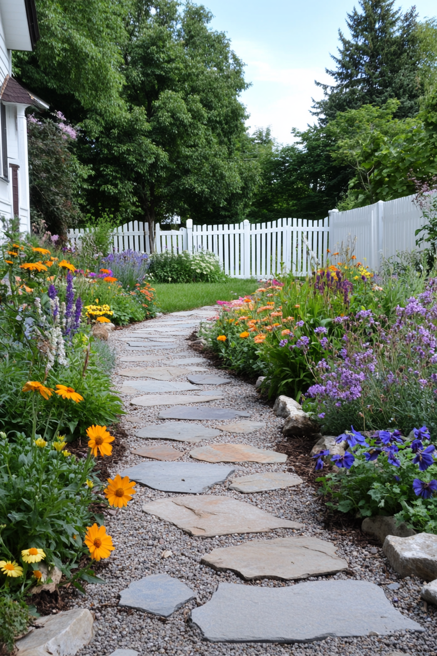 Irregular stepping stones leading through a whimsical flower garden.