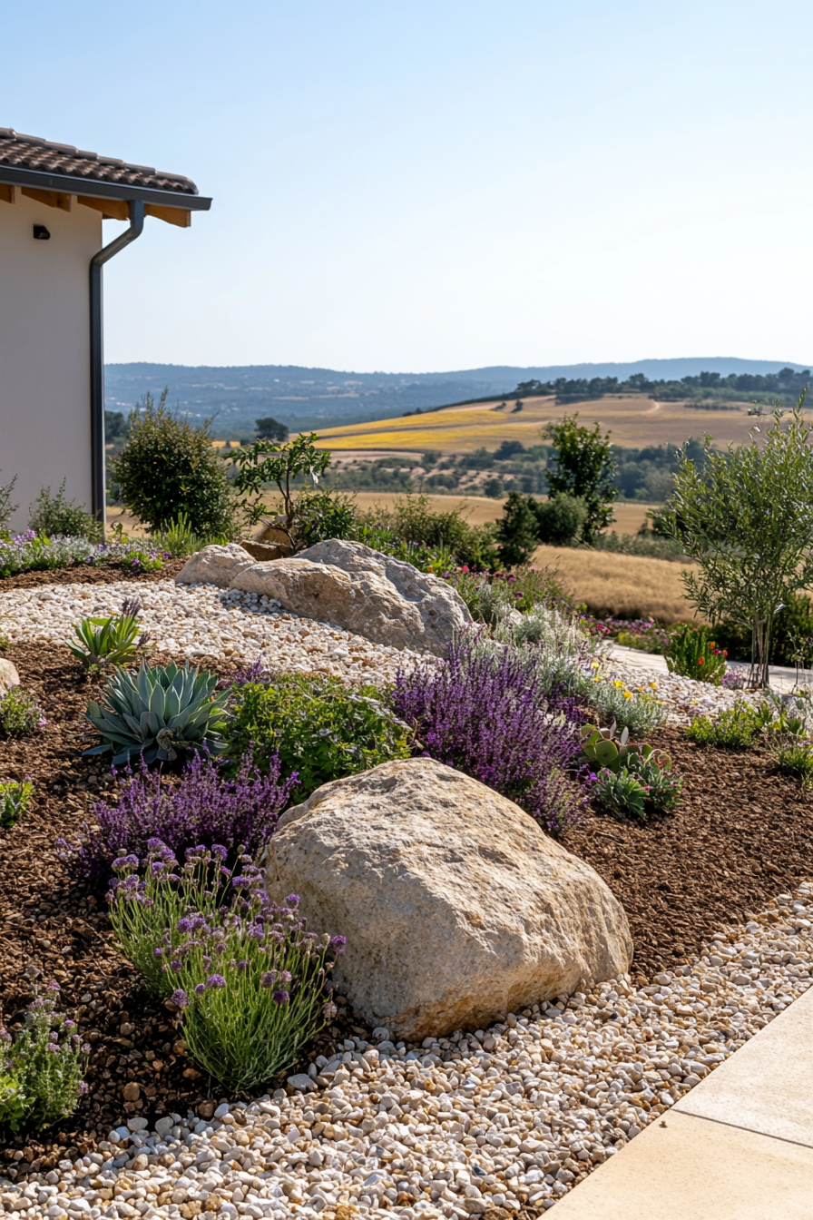 Rock garden with succulents and gravel paths.