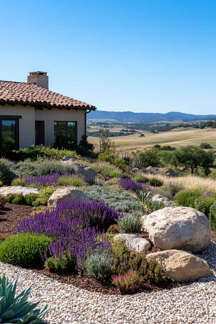 Drought-tolerant rock garden with a mix of boulders and succulents.