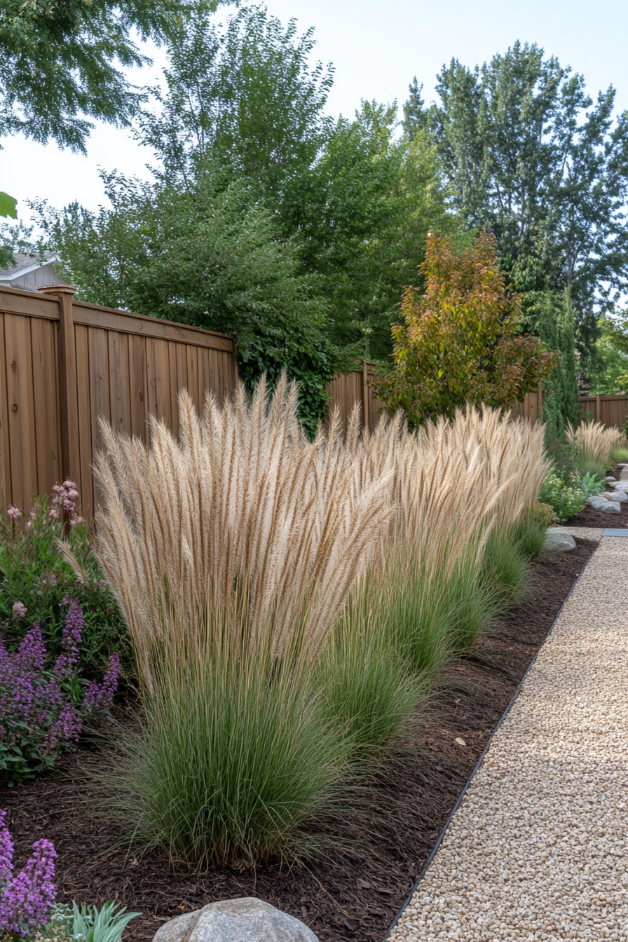 Ornamental grasses and large rocks in a naturalistic garden bed.