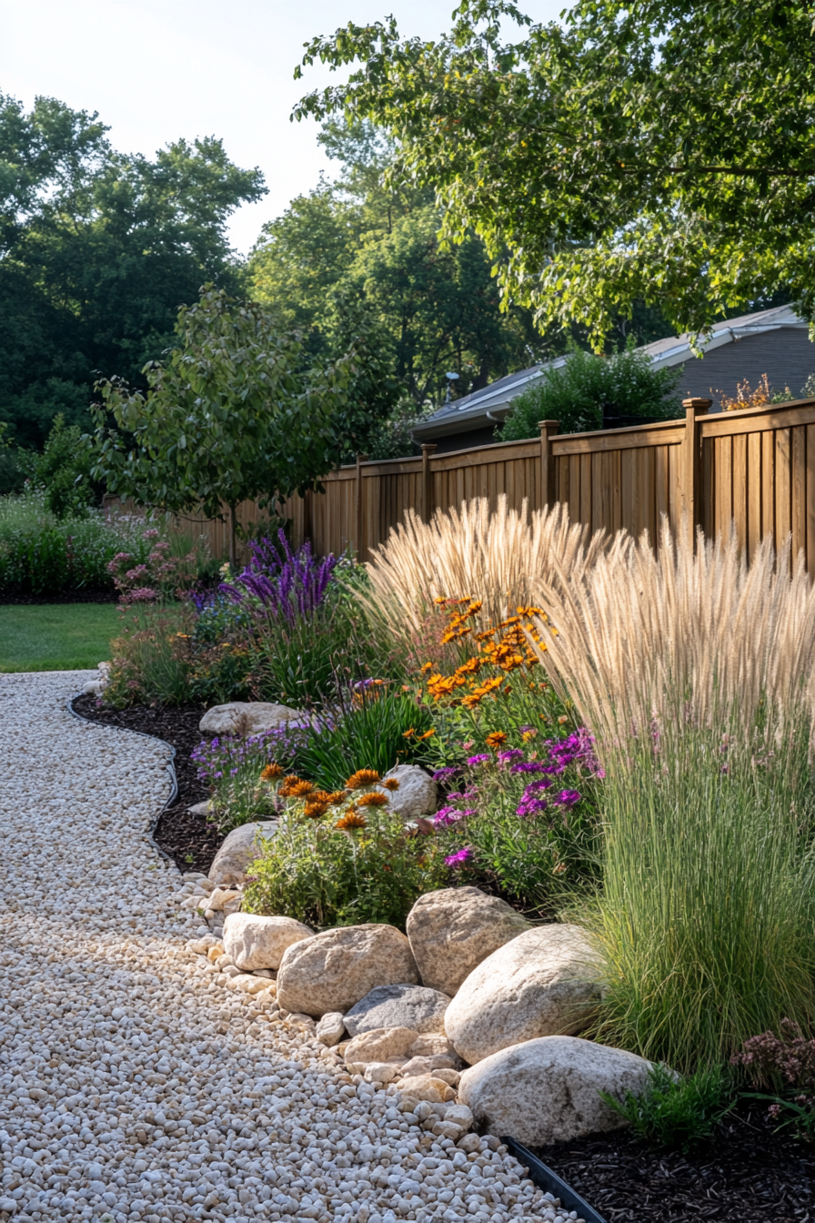 Tall ornamental grasses growing around large, smooth rocks.