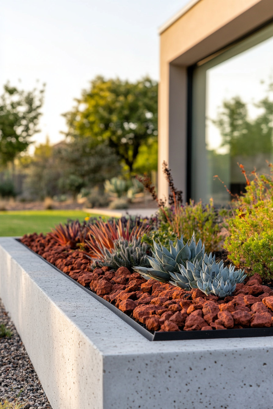 Dark lava rocks surrounding drought-resistant plants.