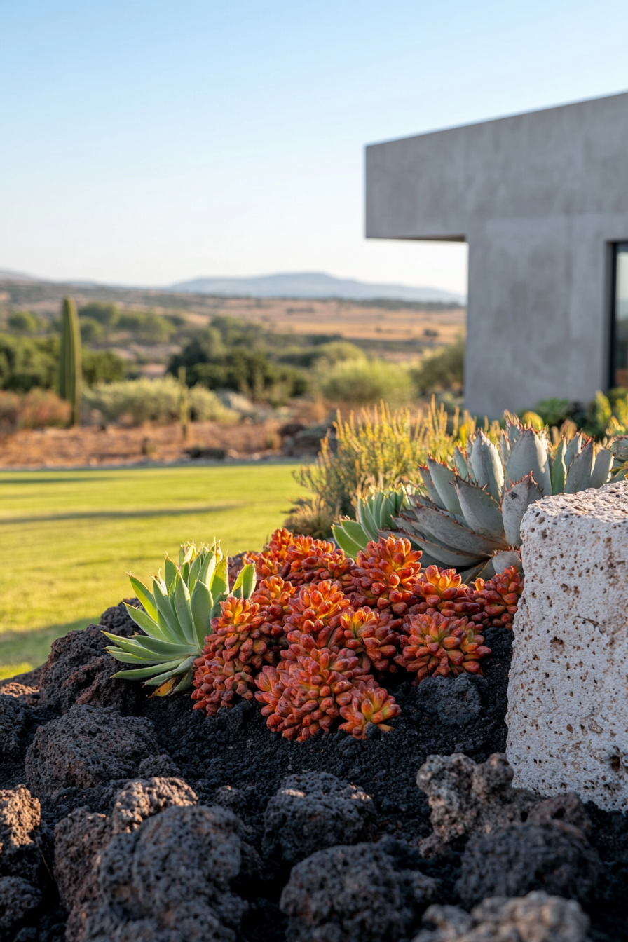 Lava rocks used as mulch for succulents and cacti in a garden bed.