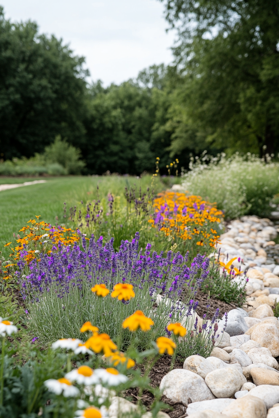 River rocks lining a flower bed, creating a natural water-like effect.
