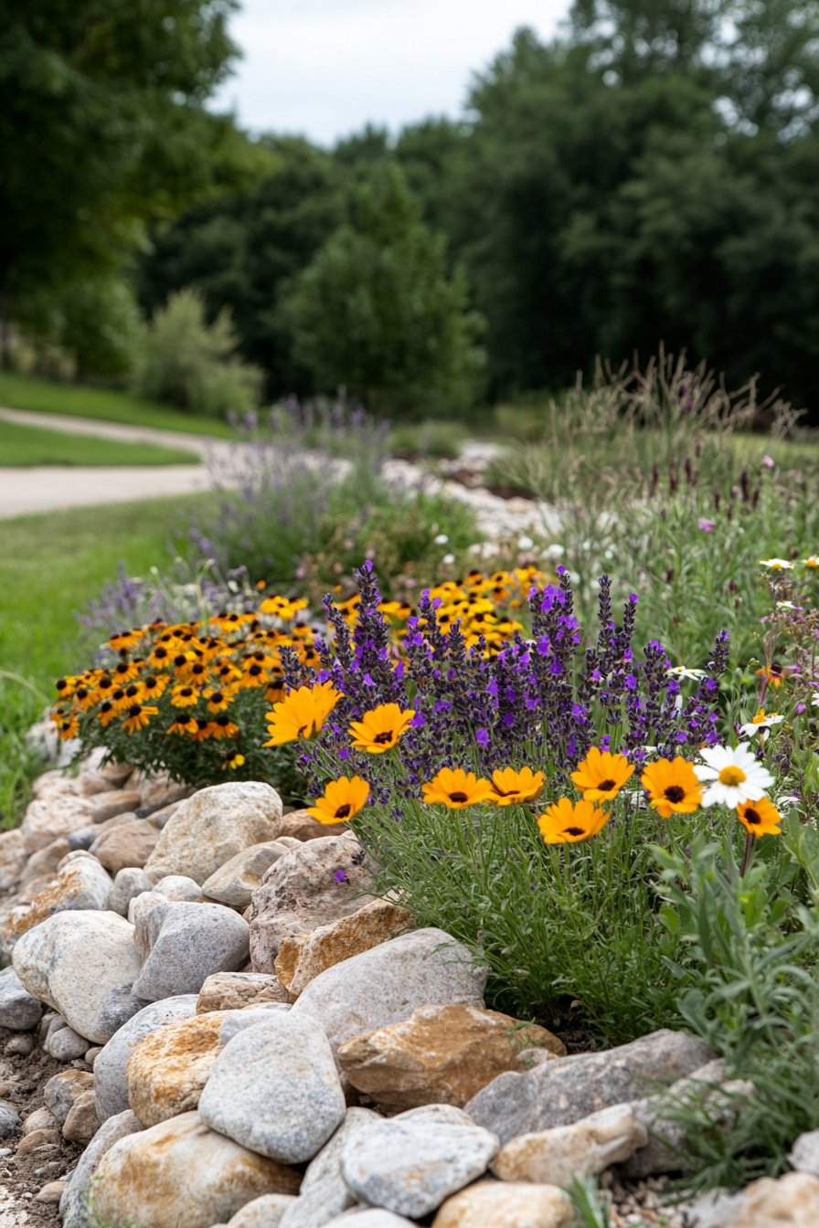 River rocks surrounding blooming flowers and creating a natural look.