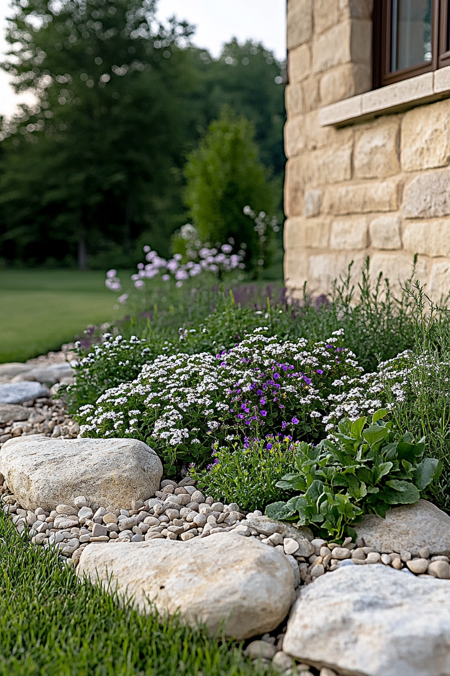 Groundcover plants growing between rocks in a flower bed.