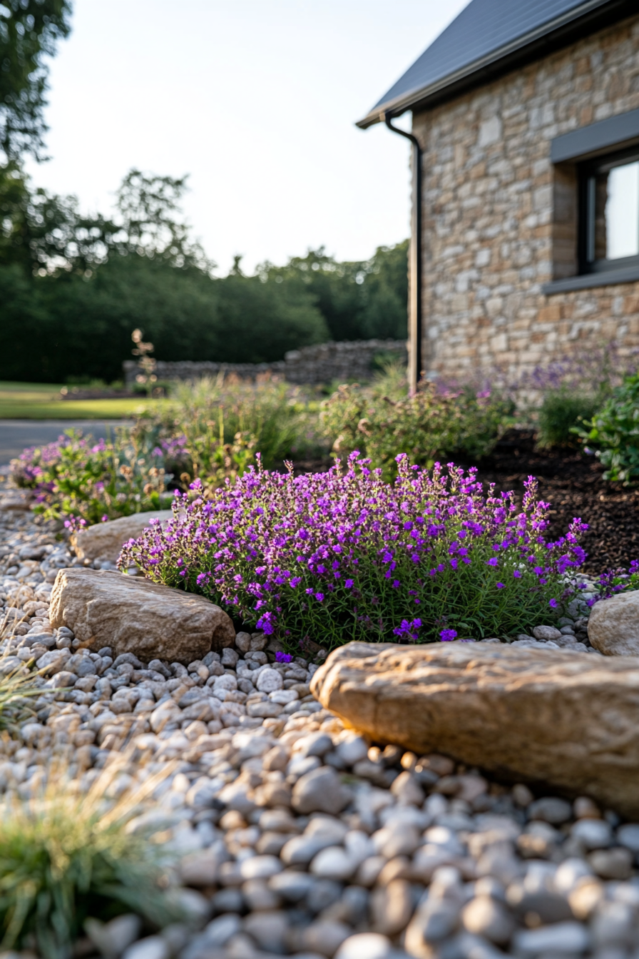 Creeping thyme growing over rocks, adding texture and contrast to the garden.