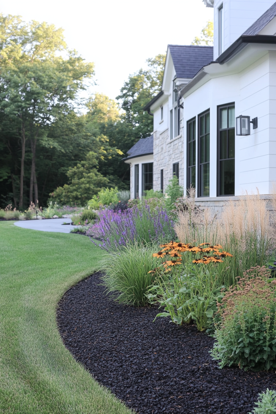 Dark slate chips in a modern flower bed with bright perennials.