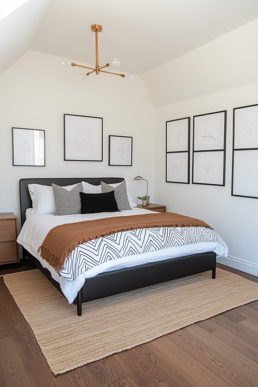 Monochrome decor with minimal patterns in a black and white small bedroom