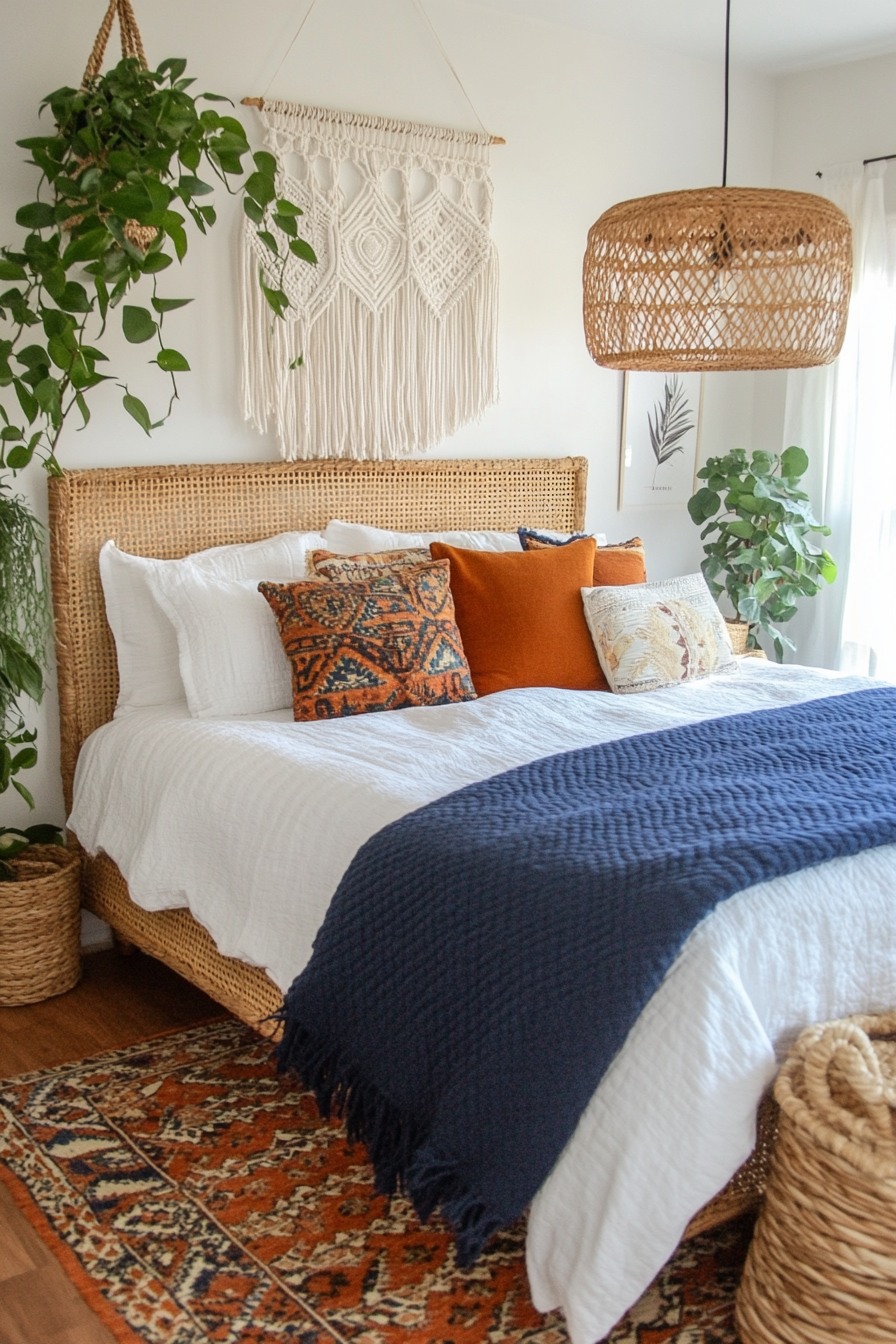 Soft lighting and natural materials in a boho small bedroom