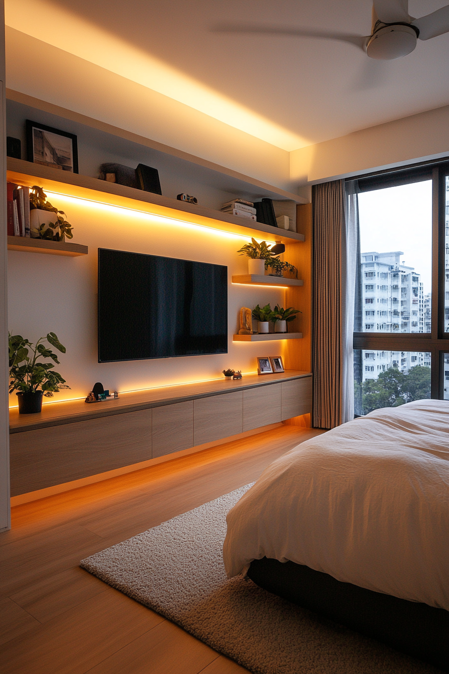 Wall-mounted TV with sleek design in a small bedroom