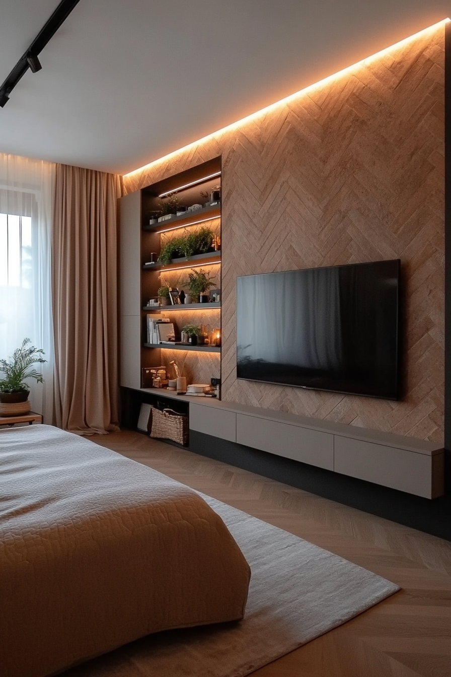 Minimal decor with cozy lighting and a wall-mounted TV in a small bedroom