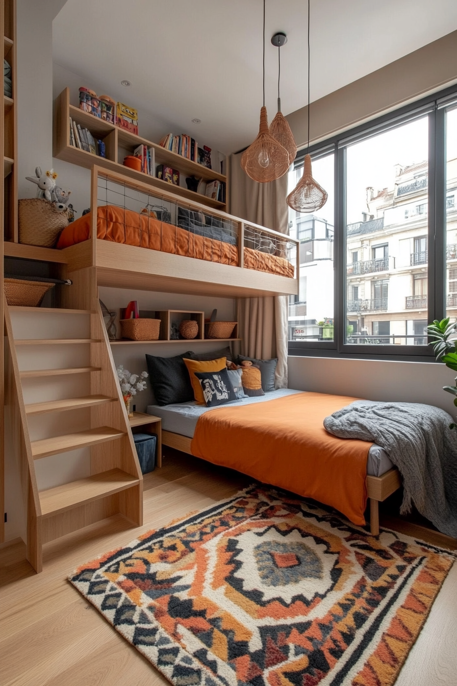 Lofted bed with storage and bright colors in a small kids' bedroom