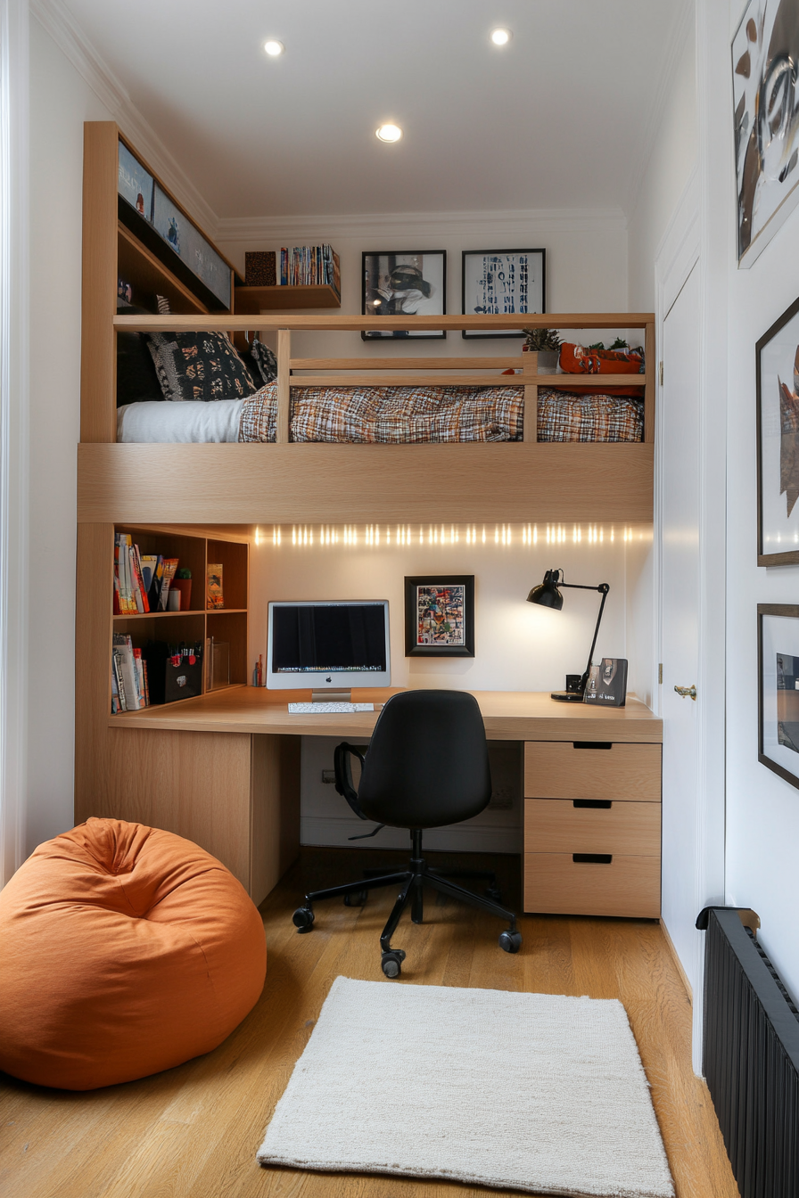 Lofted bed with study area and personalized decor in a teen’s small bedroom