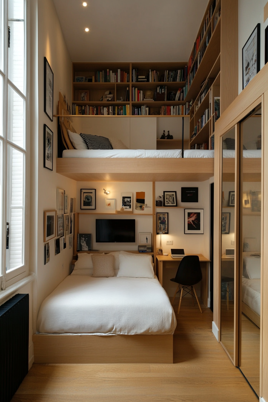 Lofted bed and functional storage in an extremely small bedroom