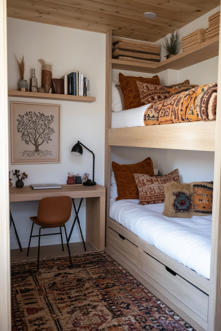 Bunk beds and shared storage in a small bedroom for two sisters