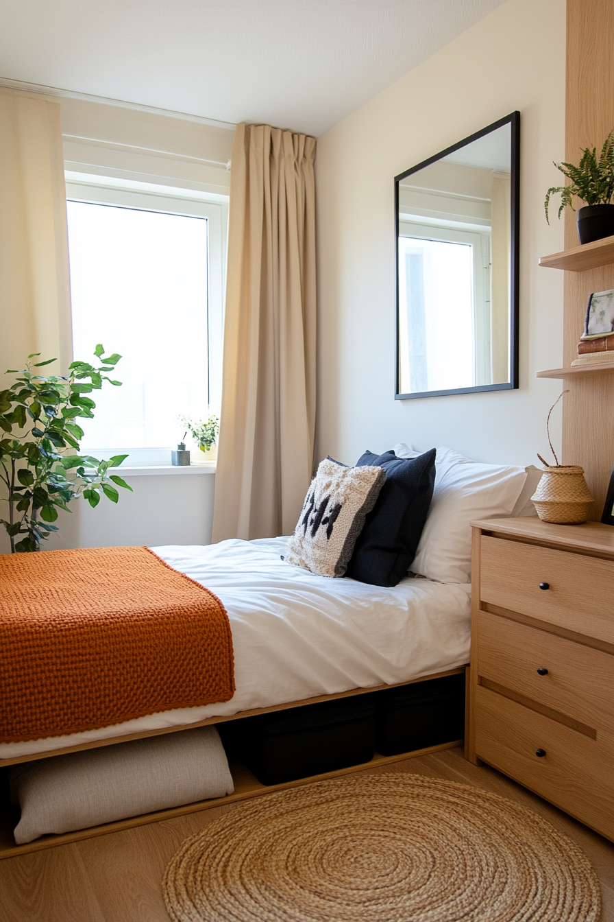 Single bed with built-in storage and cozy bedding in a small bedroom