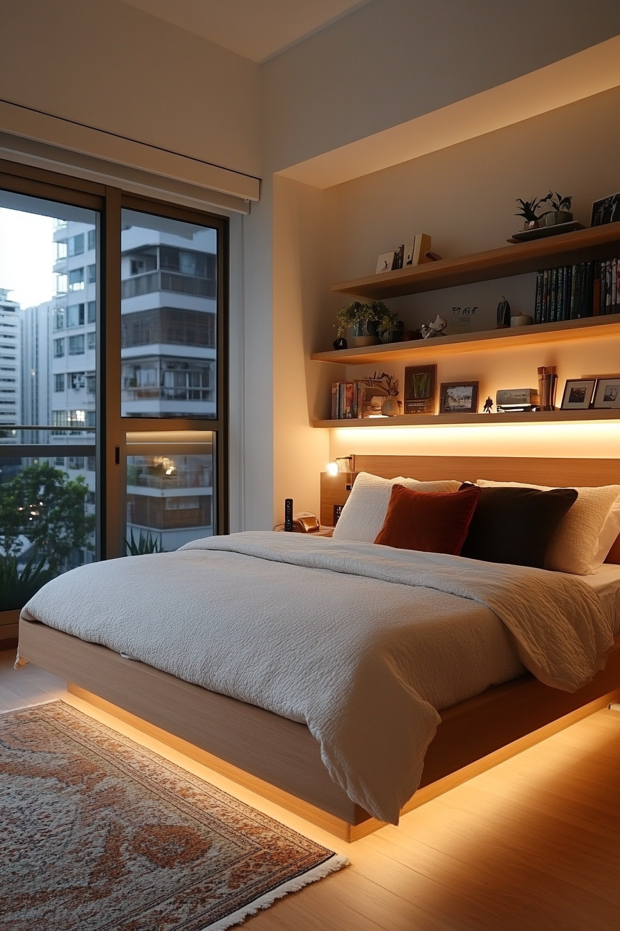 King-size bed with low-profile frame in a small bedroom