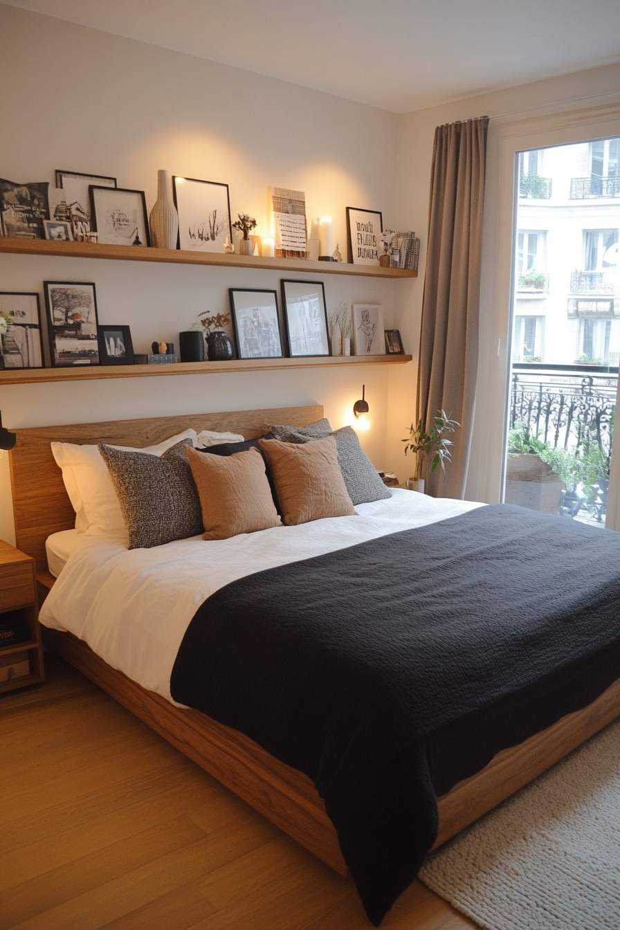 Light color palette and sleek furniture in a small bedroom with a king-size bed