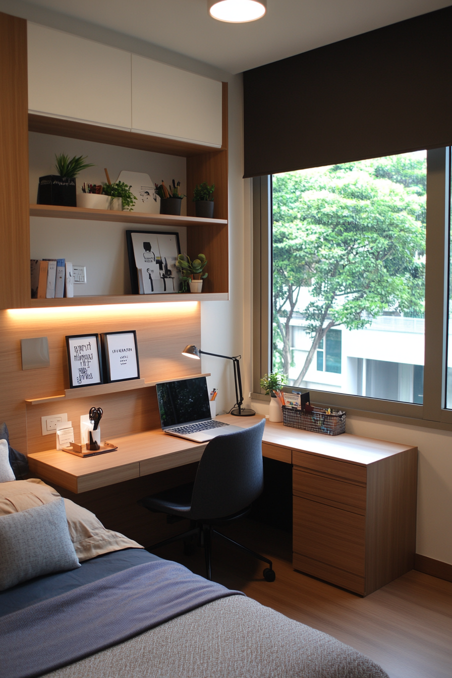 Compact desk and wall-mounted shelves in a small bedroom