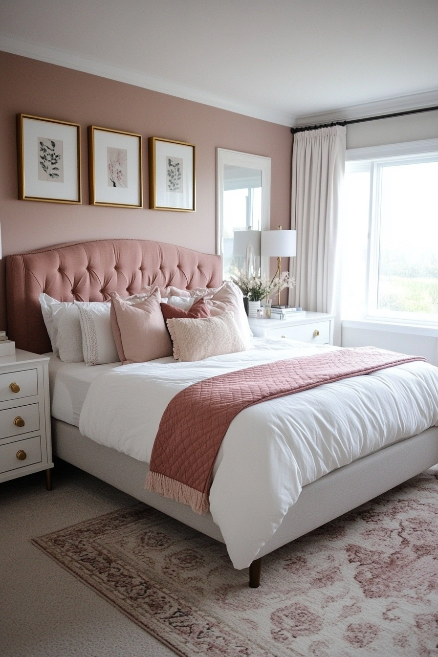 Blush pink accents and soft textiles in a feminine small bedroom