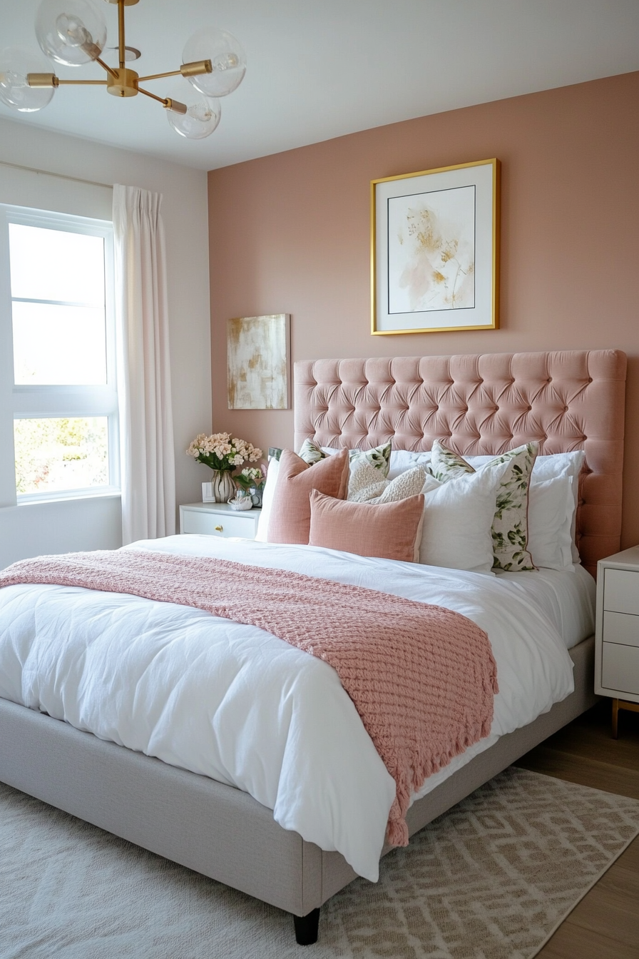 Dusty rose pink tones with gold accents in a chic small bedroom