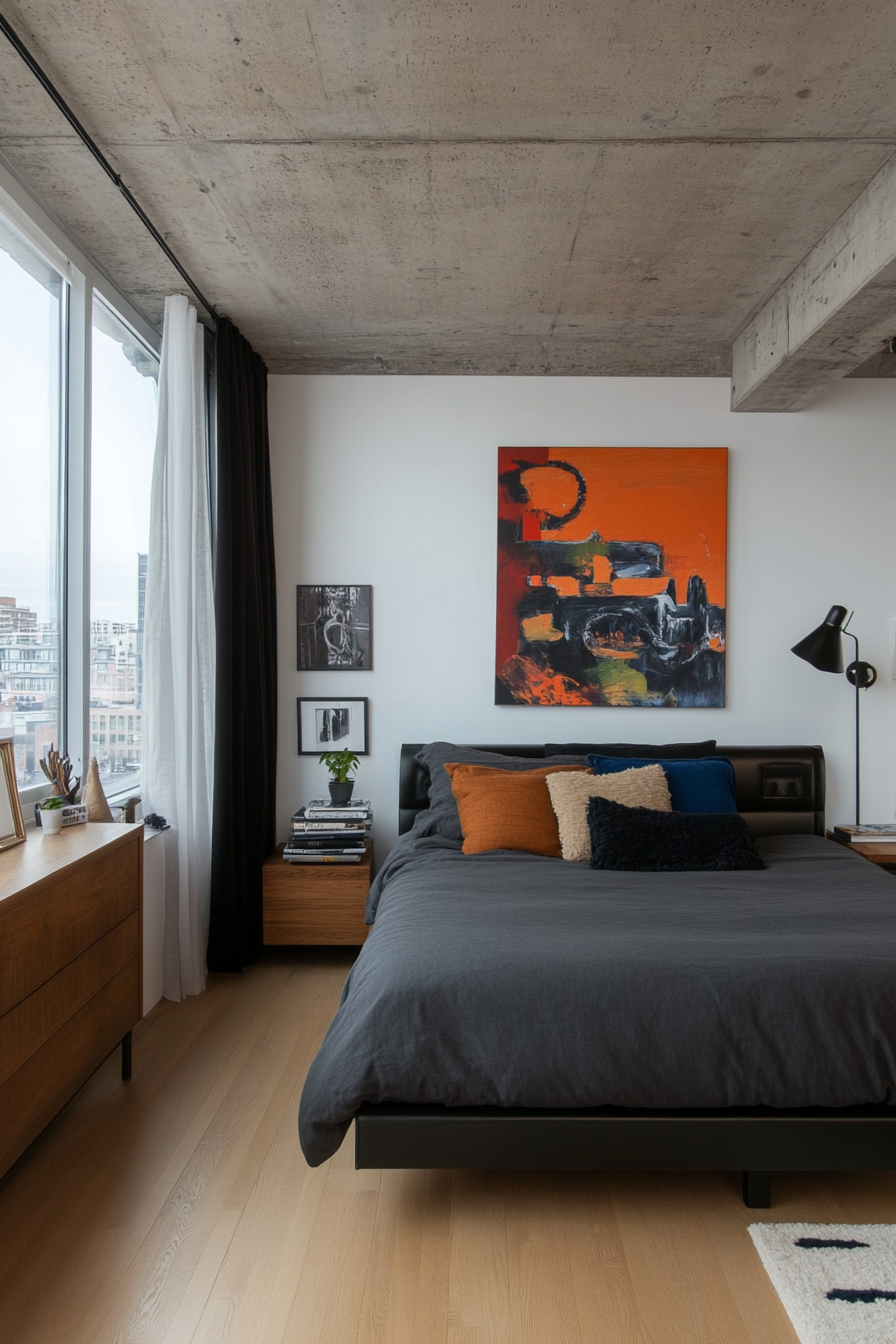 Neutral color palette and sleek furnishings in a small masculine bedroom