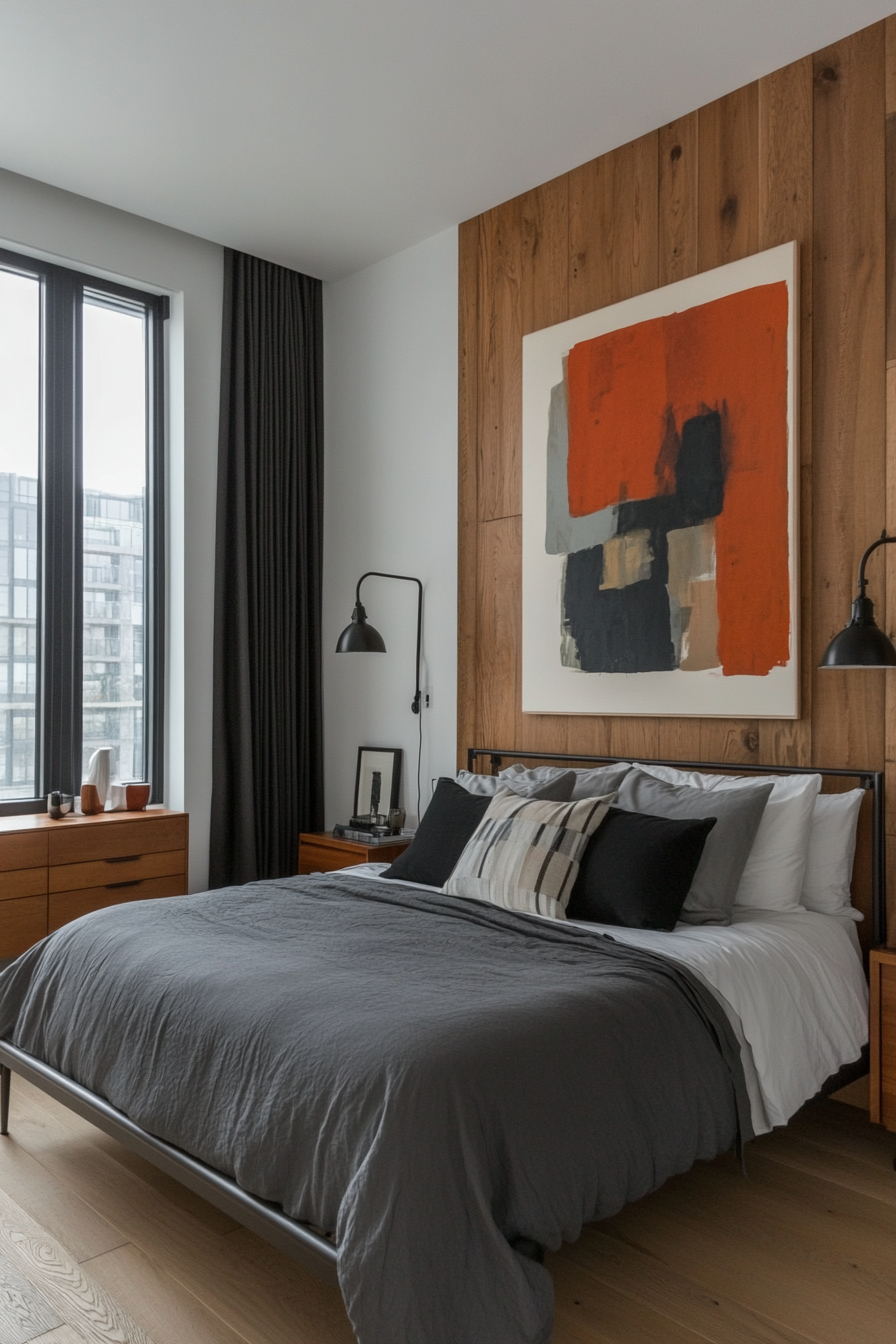 Leather and wood elements with sleek lighting in a masculine small bedroom