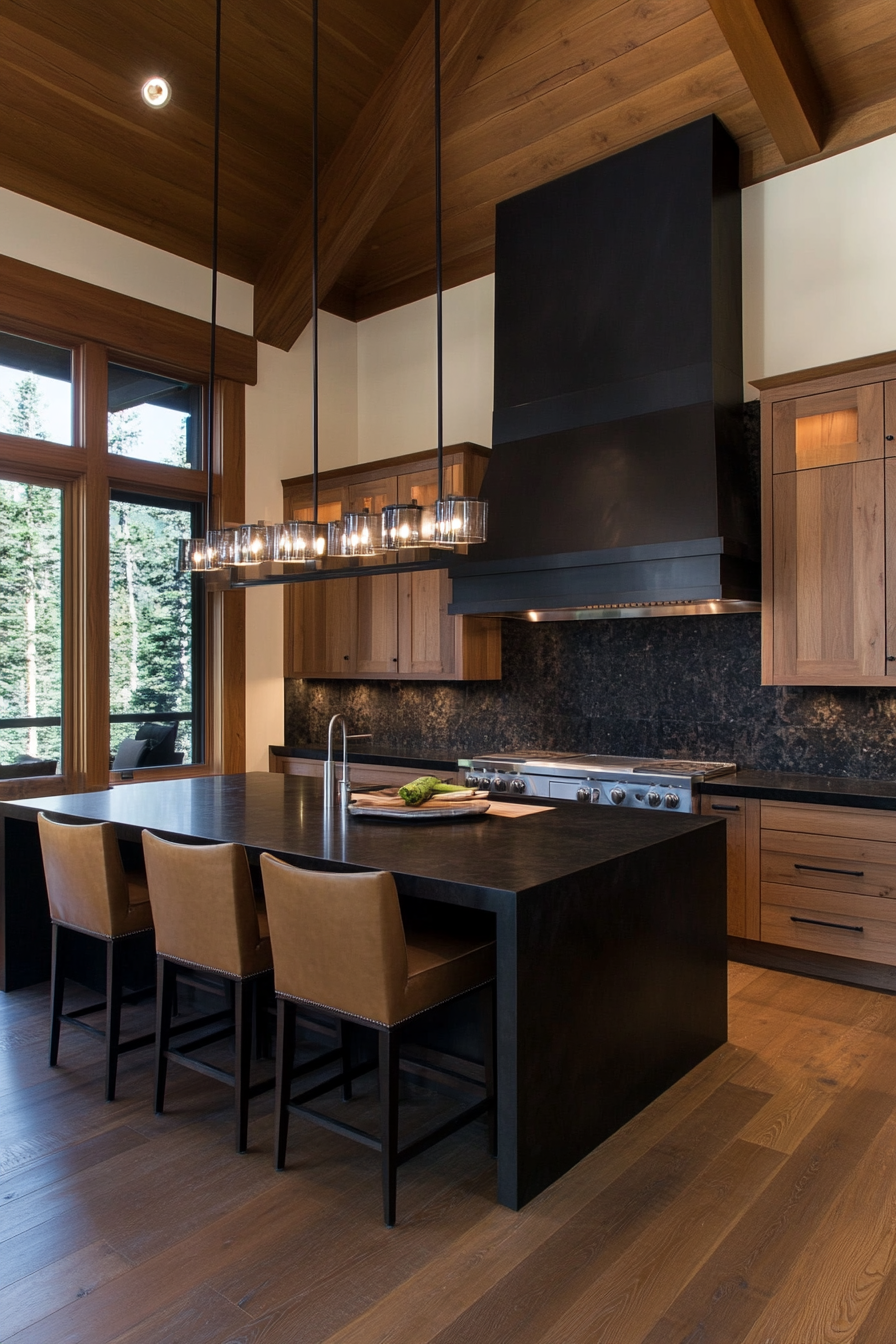 Textured black stone walls in a modern kitchen