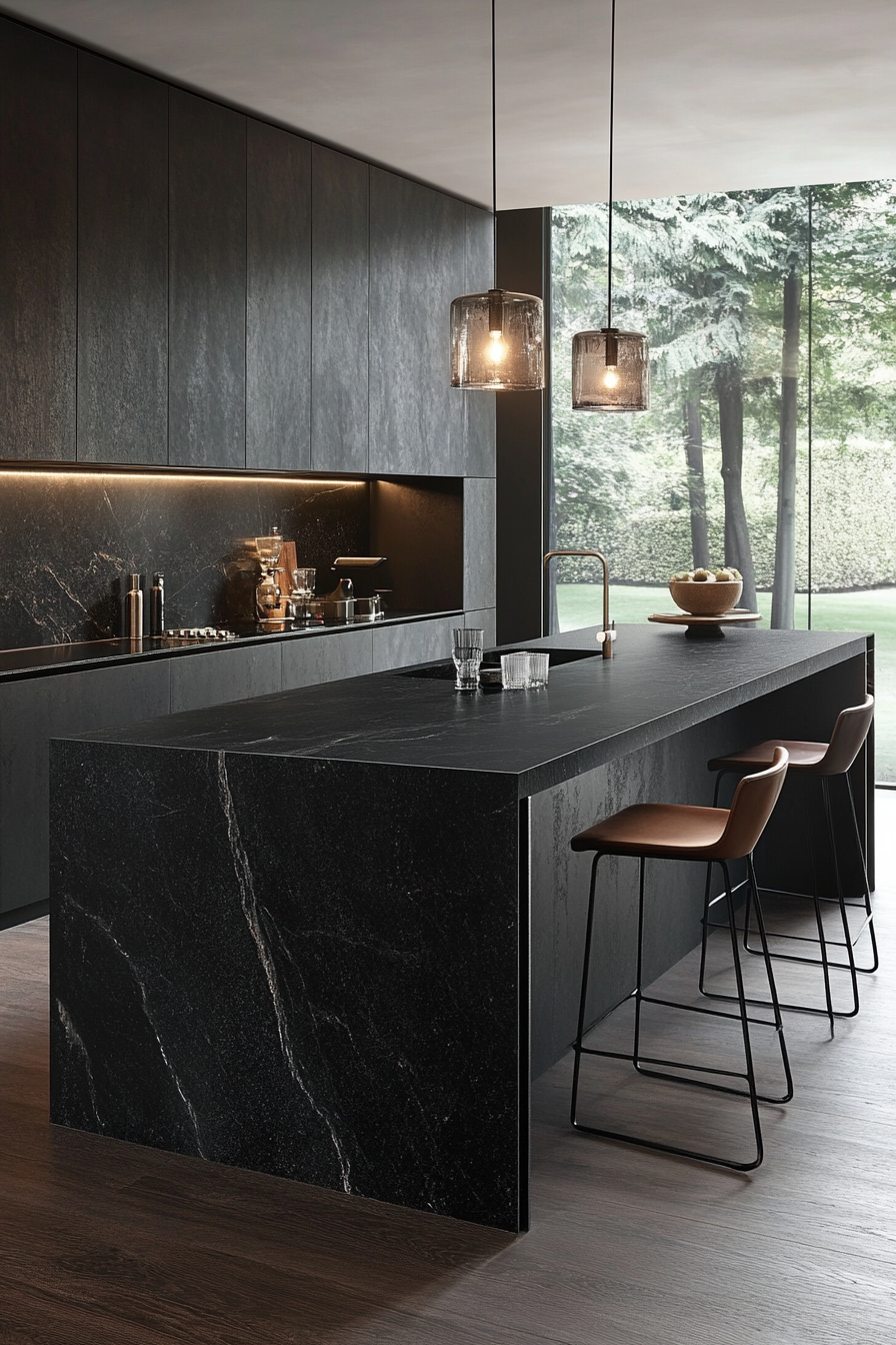 Black kitchen island with a waterfall edge design