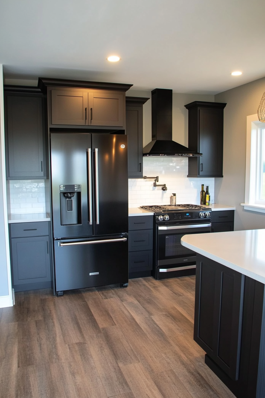 Black stainless steel appliances in a modern kitchen