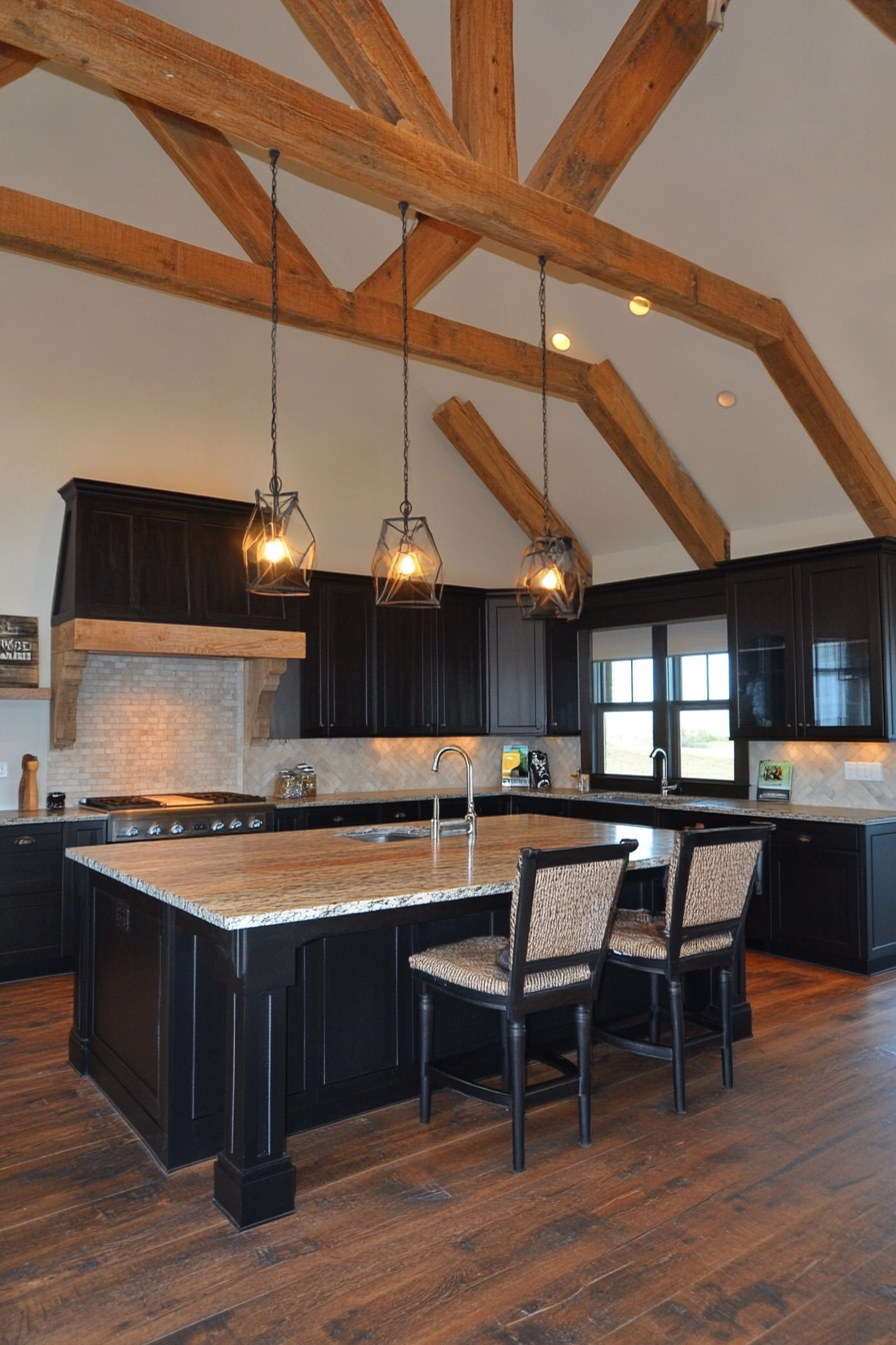 Rustic black kitchen with wood and metal elements