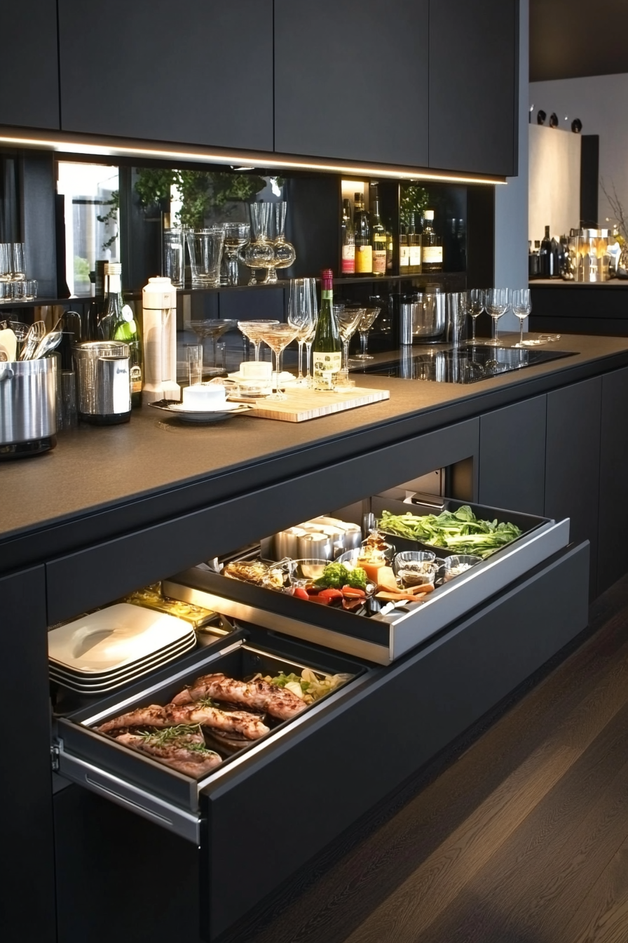 Budget-friendly sleek black handleless cabinetry idea