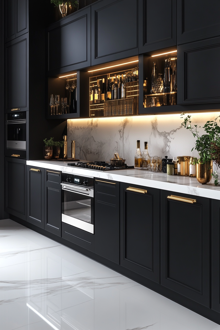 Elegant kitchen with matte black and gold details