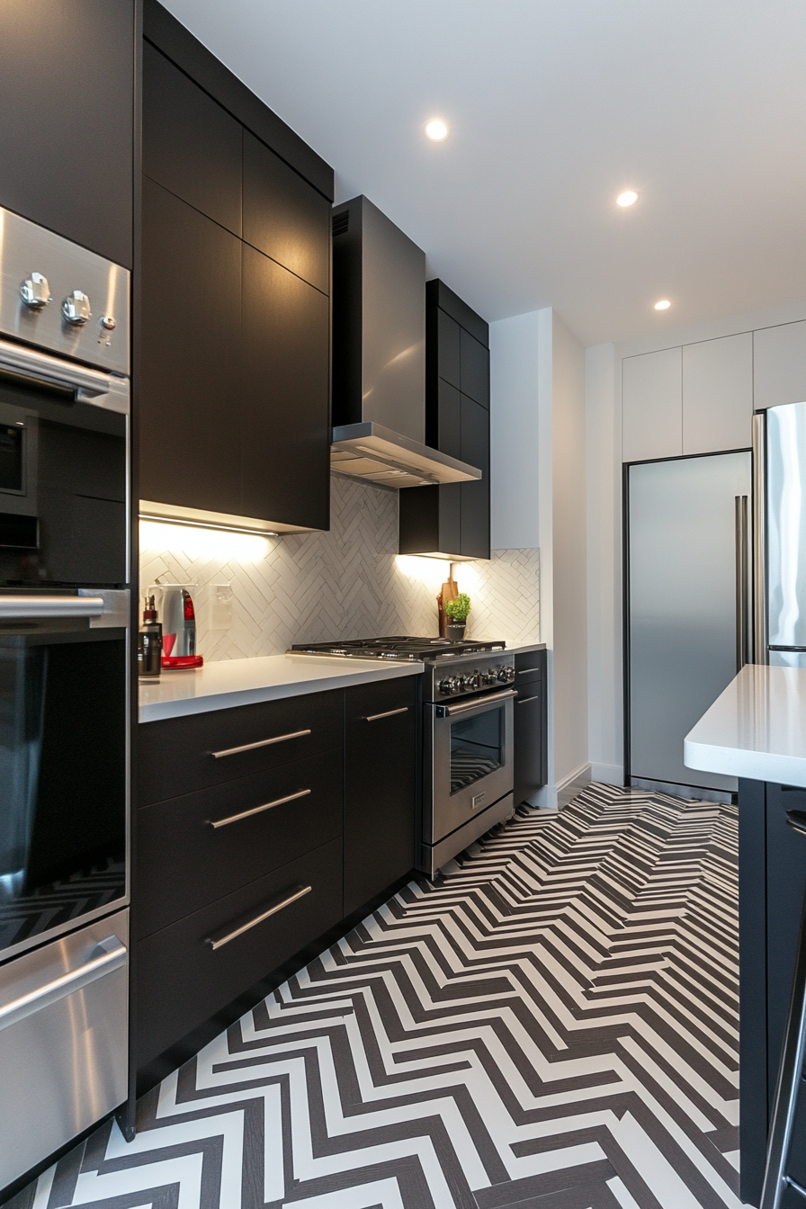 Black and white geometric tile floor in a modern kitchen
