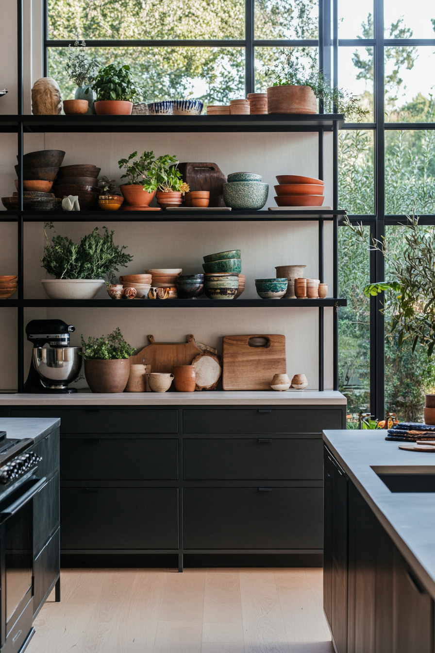 Budget-friendly black open shelving idea