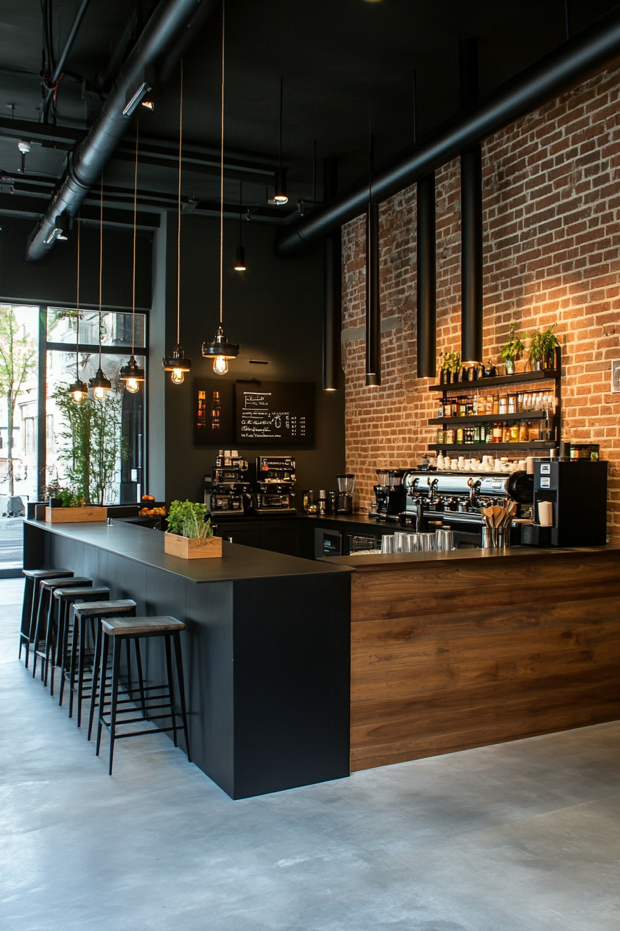 Concrete black kitchen with exposed pipes