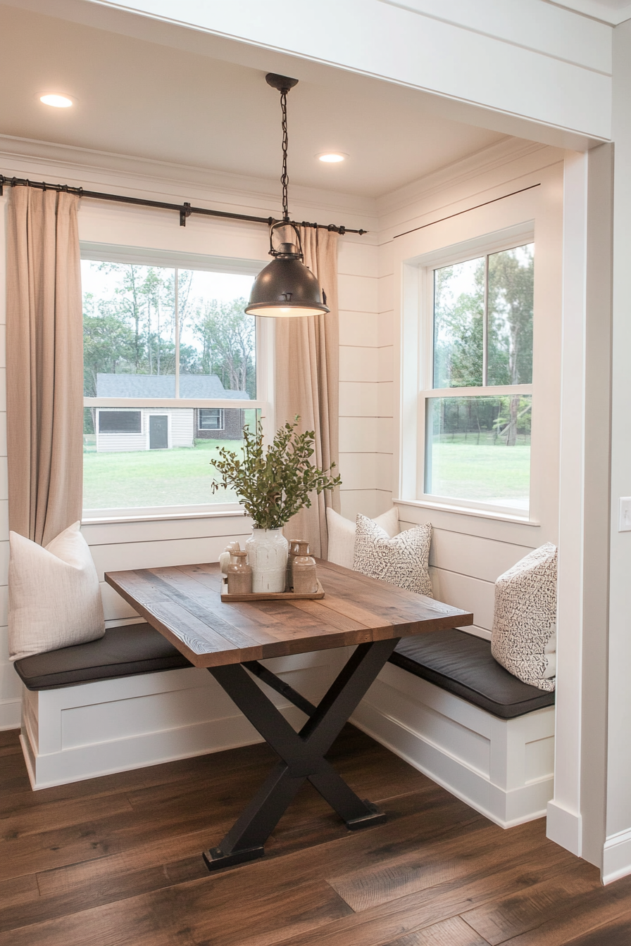Modern farmhouse breakfast nook with clean lines and rustic touches.