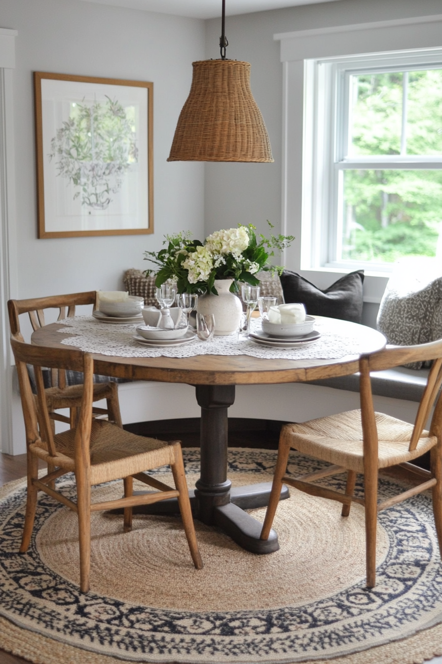 Round table breakfast nook with cozy farmhouse charm.