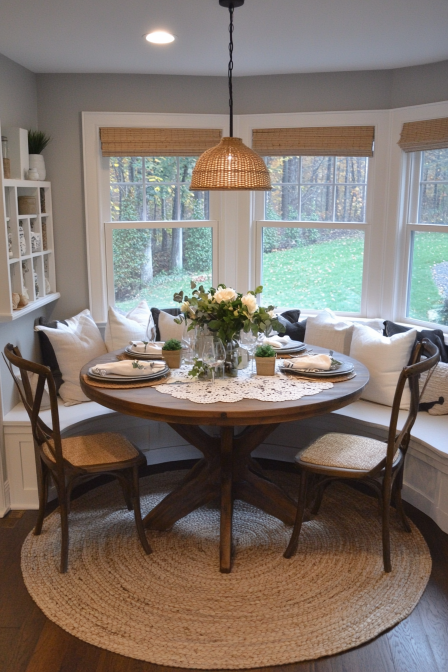 Elegant round table with a centerpiece in a farmhouse nook.