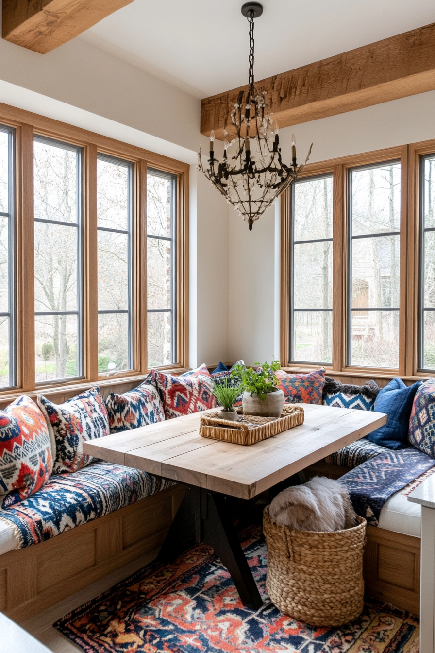 Breakfast nook with built-in bench seating and rustic accents.