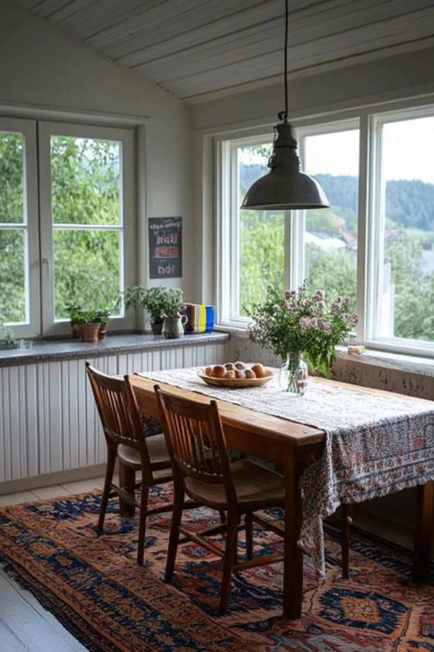 Rustic pendant lighting in a cozy farmhouse breakfast nook.