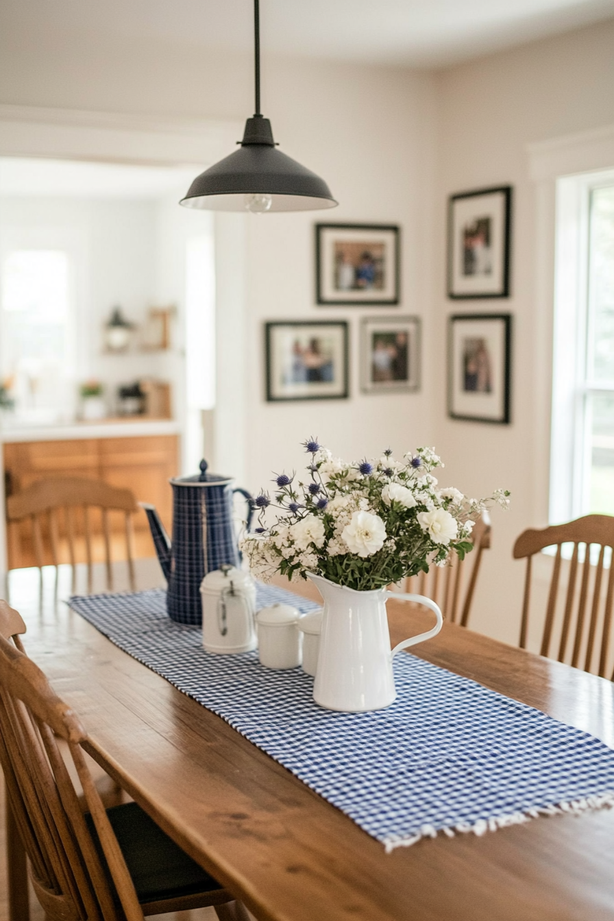 Rustic table runner and enamelware decor in a farmhouse nook.