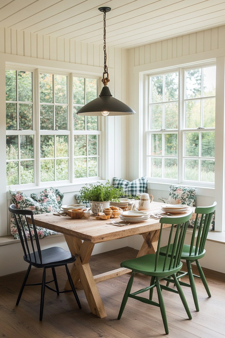 Neutral tones and shiplap walls in a farmhouse breakfast nook.