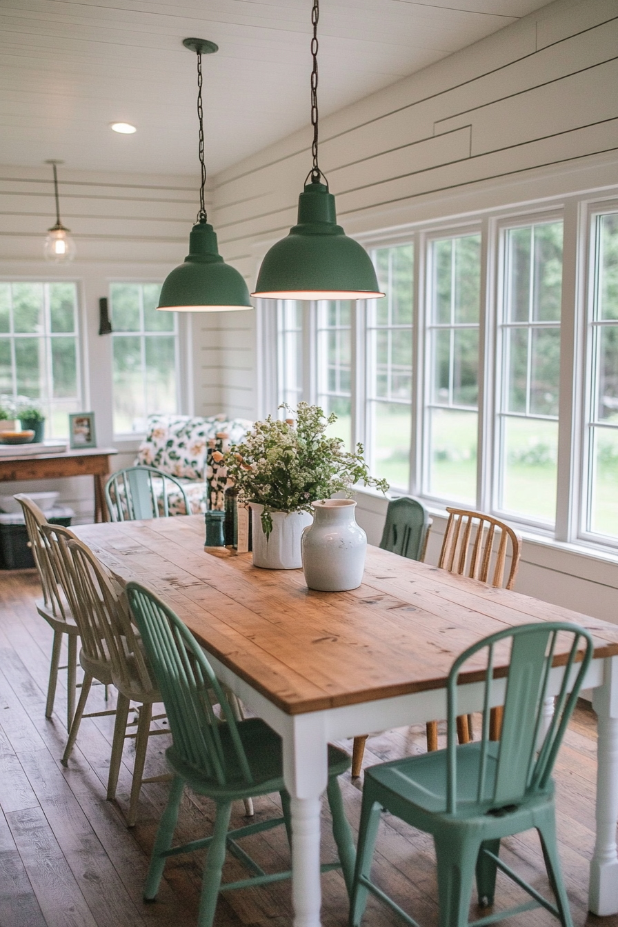 Soft neutral paint tones with chalk-painted furniture in a nook.
