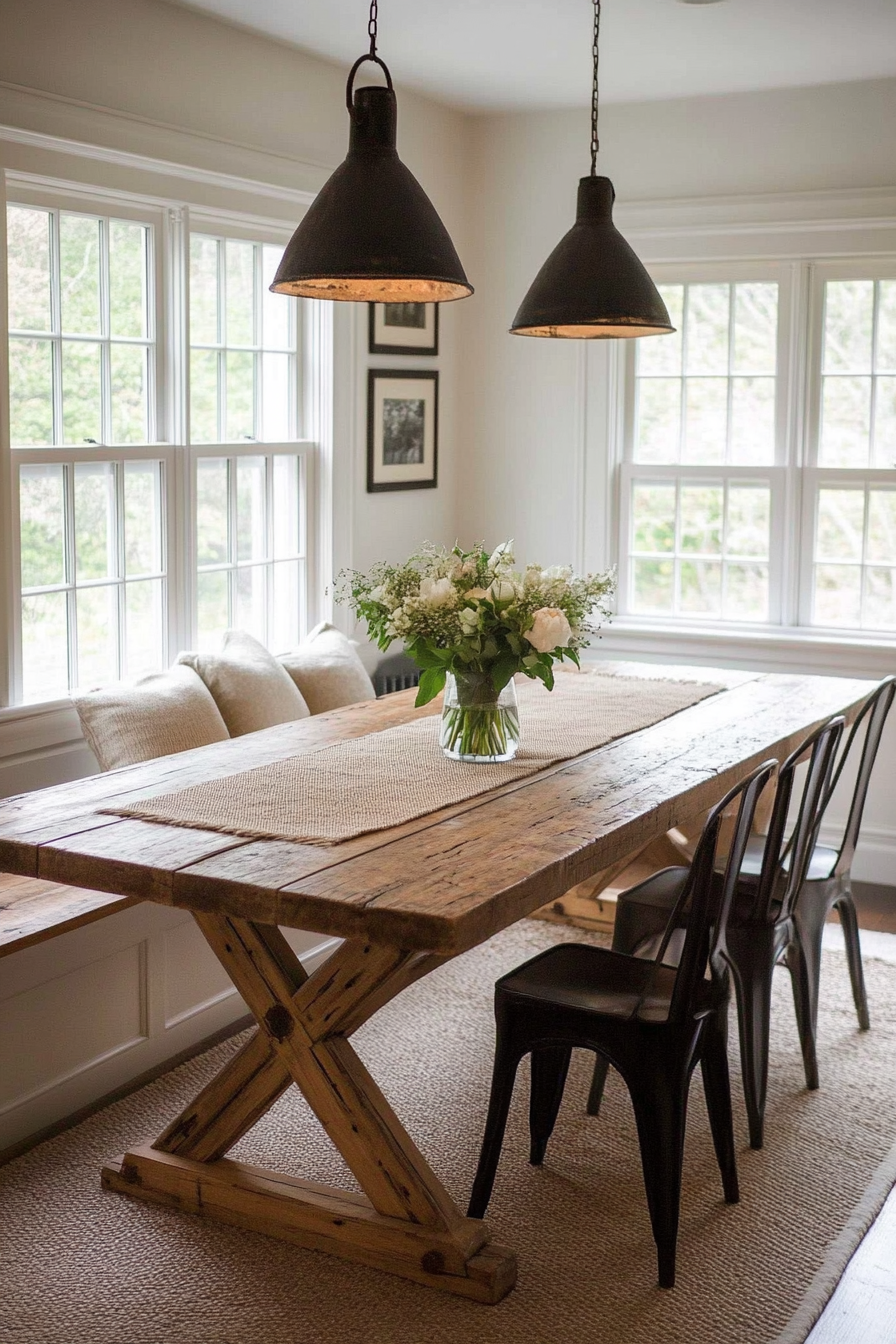 Sturdy wooden table as the centerpiece of a farmhouse nook.