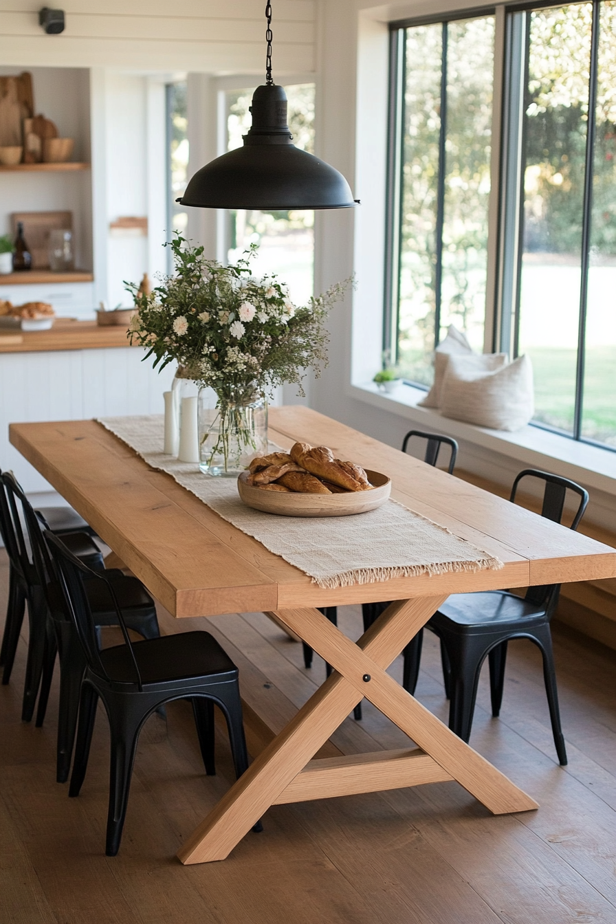 Unique farmhouse table with rustic accents in a cozy nook.