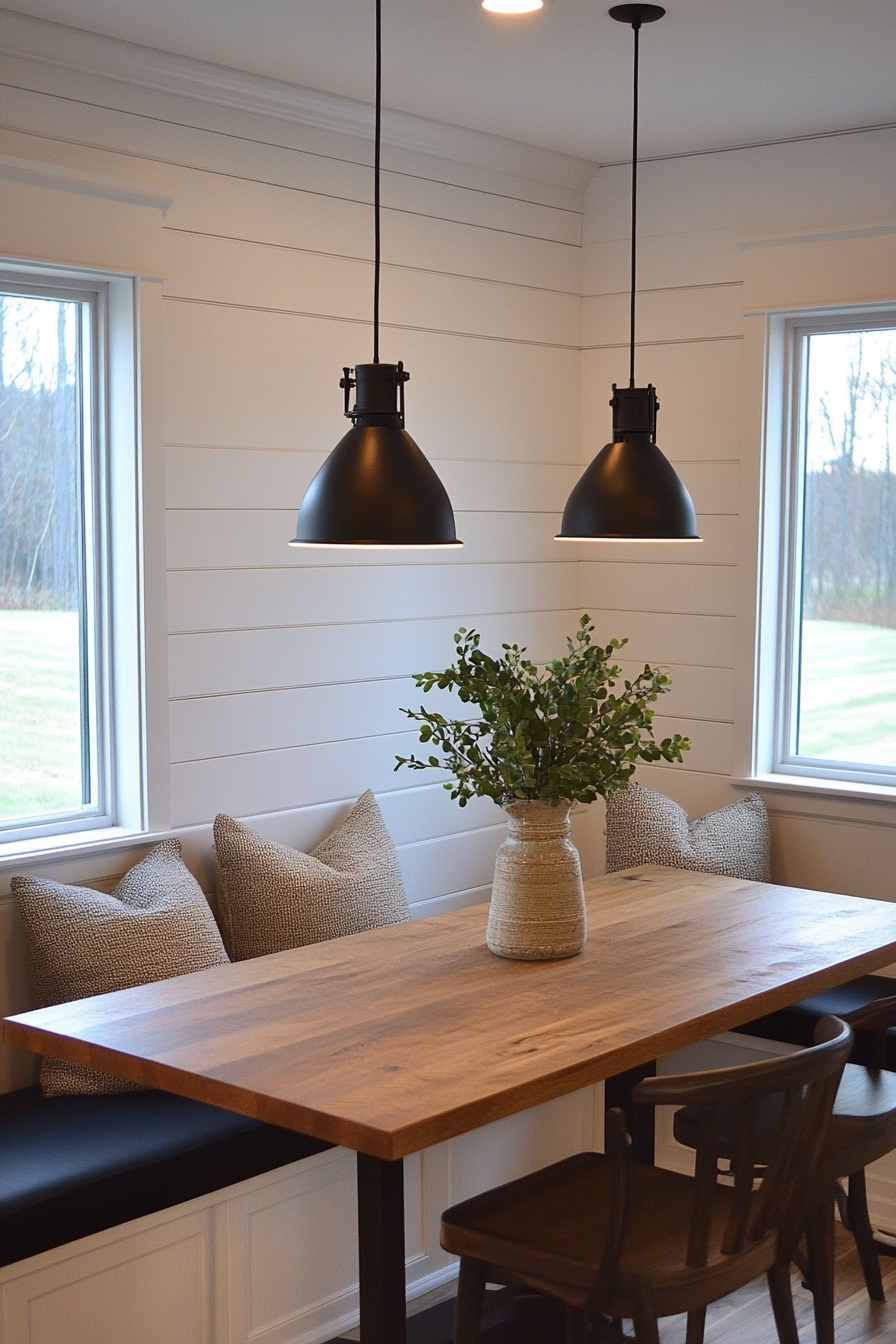 Neutral tones and clean design in a modern farmhouse breakfast nook.