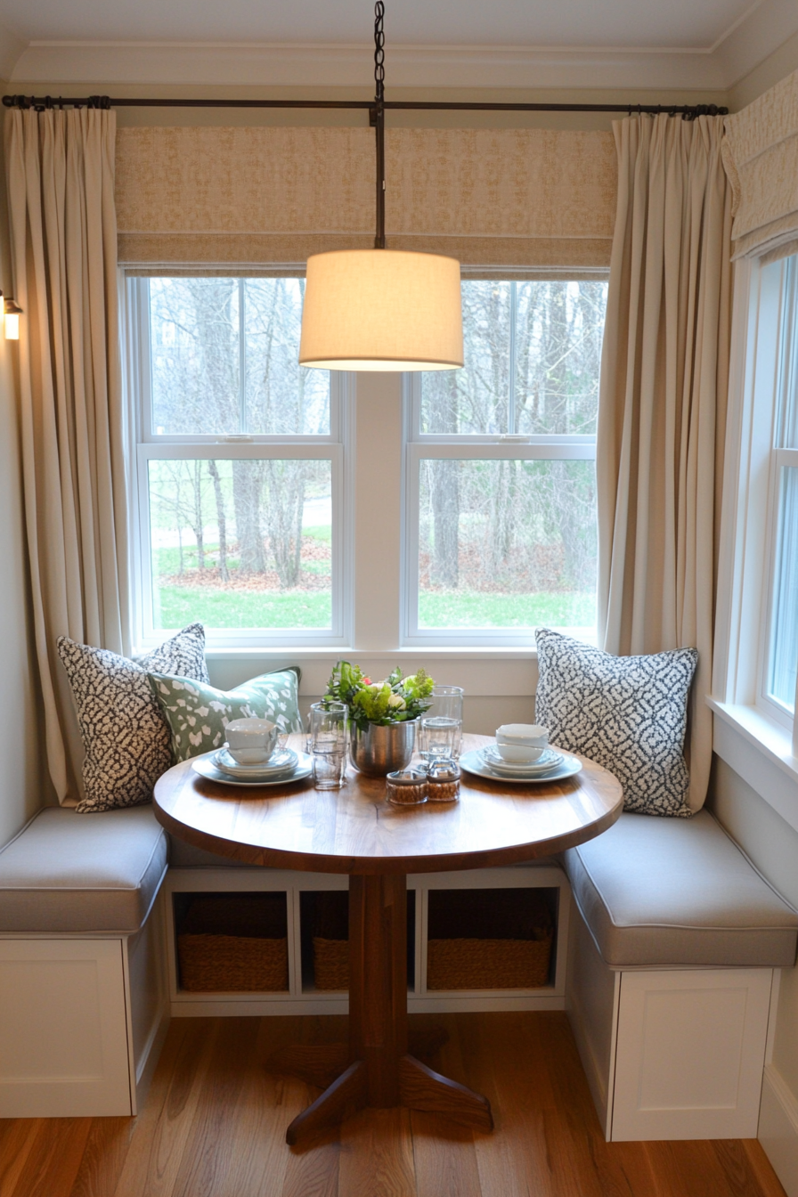 Bright and airy small farmhouse breakfast nook with light colors.