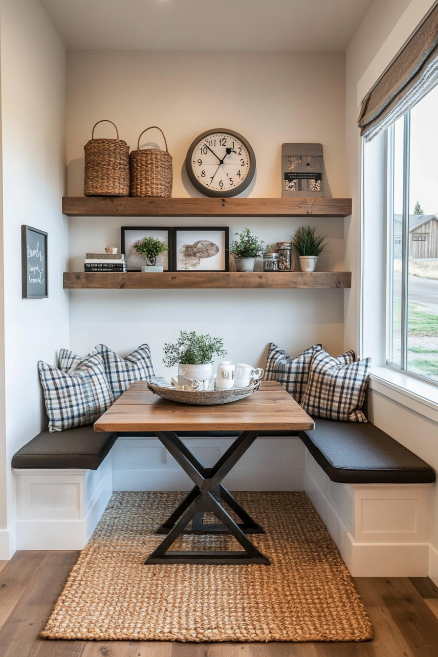 Rustic wooden table and neutral tones in a corner breakfast nook.